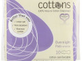 Cottons, Ночные прокладки с крылышками, покрывающий слой из 100% чистого хлопка, для большого объема выделений, 10 штук